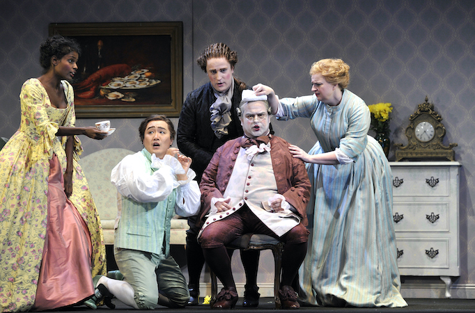 Norina (Mariam Battistelli), Ernesto (Konu Kim), Malatesta (Konstantin Suchkov), Don Pasquale (Ricardo Seguel) and Servant (Anna-Marie Sullivan) Photographer: Robbie Jack Image supplied by Milton Keynes Theatre